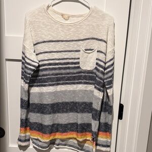 Hem and Thread Striped Knit Sweater with Pocket